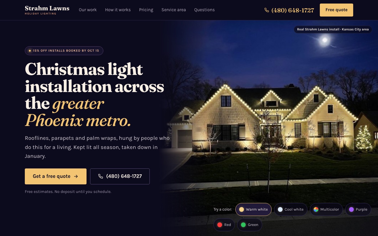 Screenshot of the Strahm Lawns Holiday Lighting site for Phoenix: a lit house at night, a phone number, a free-quote button and a try-a-color preview.